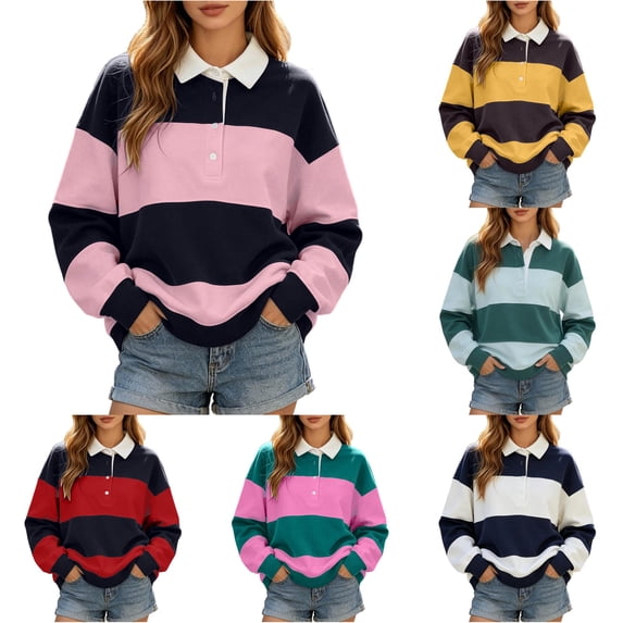 OSOLU Women's Sweatshirt Long Sleeve Lapel Color Block Stripe Loose Everyday Pullover Pink