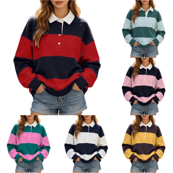 OSOLU Women's Sweatshirt Long Sleeve Lapel Color Block Stripe Loose Everyday Pullover Red