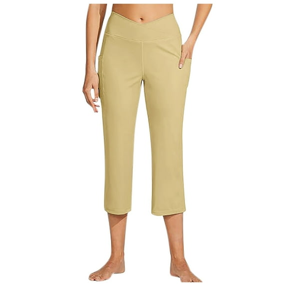 OSOLU Women's Yoga Capris Pants High Waist Leggings Straight Leg Athletic Exercise Workout Crop Capris Stretchy Running Tummy Control Joggers Bottoms Khaki XXL
