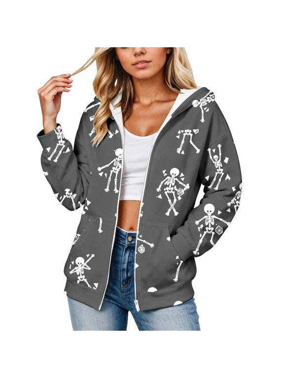 Women's Zip Up Hoodie Funny Ghost Graphic Long Sleeve Loose Fit Halloween Party Daily Wear Outerwear, Grey