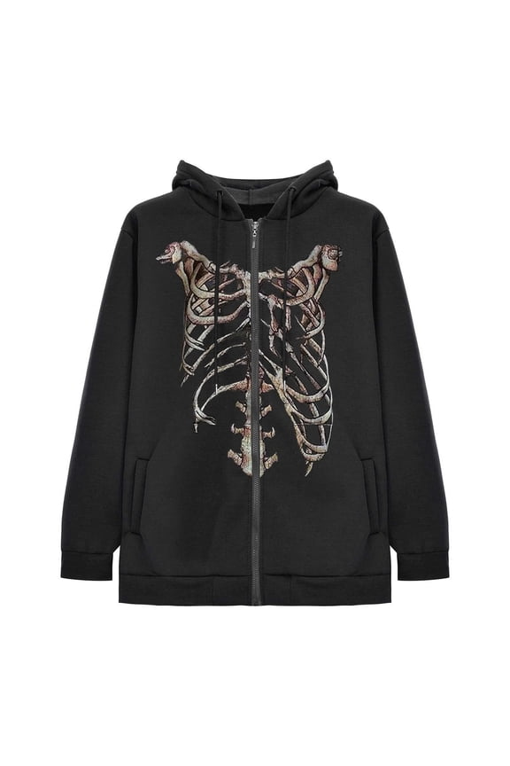 Women's Zip Up Hoodie Skeleton Rib Cage Graphic Print Dual Side Pockets Drawstring Oversized Sweatshirt Jacket Black