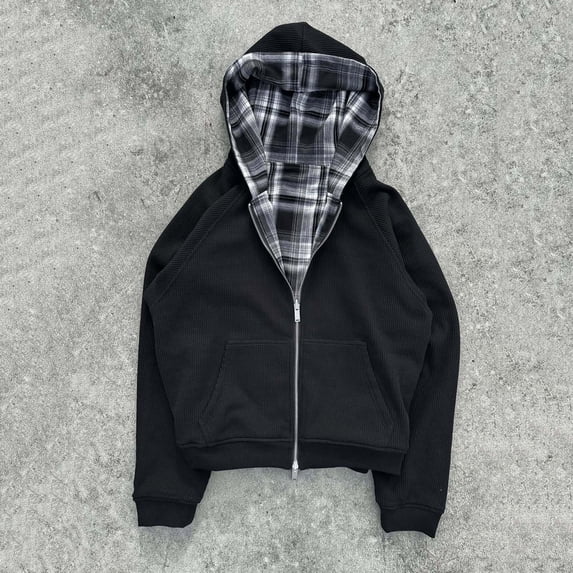 OSOLU Women's Zip Up Hoodies Plaid Print Front Pocket Long Sleeve Casual Sweatshirts Black
