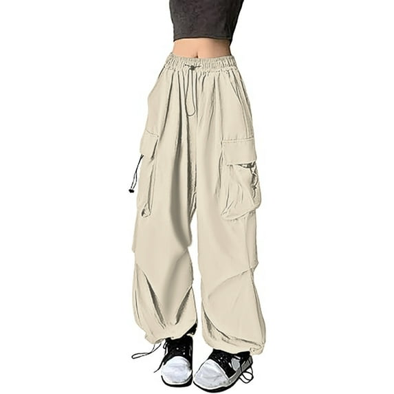 OSOLU Womens Baggy Cargo Pants Streetwear Hop Joggers Sweatpants Drawstring Casual Loose Solid Color Wide Leg Trousers Daily Relaxed Fit Breathable Bottoms