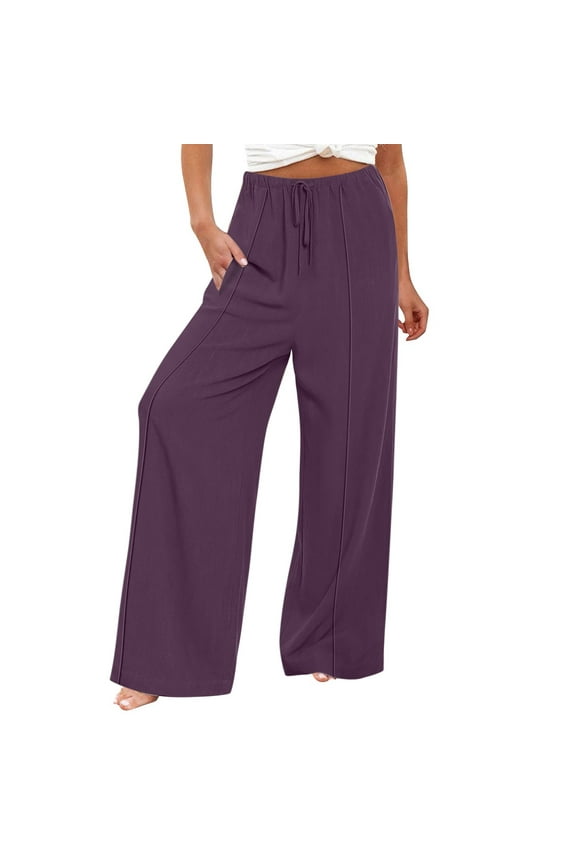 Womens Daily Elastic Mid-Waist Workout Trousers Solid Color Long Pants Loose Casual Trousers Everyday Comfort Versatile Bottoms