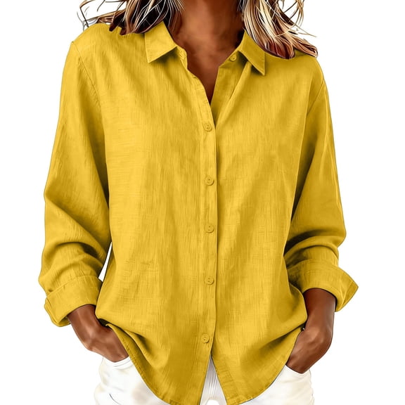 OSOLU Womens Long Sleeve Button Up Shirts Linen Loose Fit Solid Color Button Down Collared Shirts Spring Summer Versatile Tops