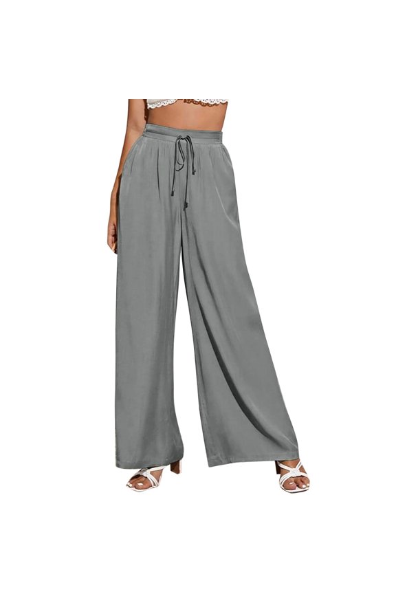 Womens Solid Color Casual Drawstring Loose Elastic Waist Beach Leg Palazzo Pants Trousers With Pockets Daily Relaxed Fit Breathable Bottoms