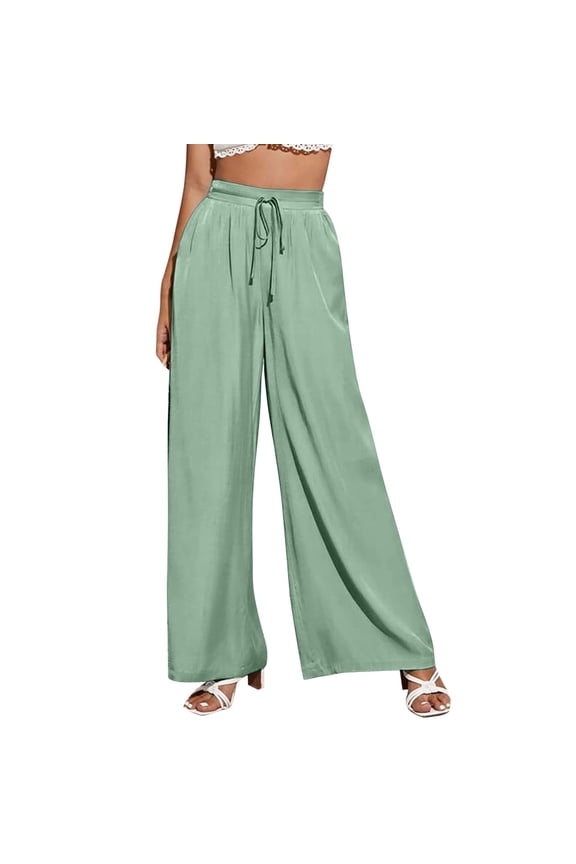 Womens Solid Color Casual Drawstring Loose Elastic Waist Beach Leg Palazzo Pants Trousers With Pockets Everyday Comfort Versatile Bottoms