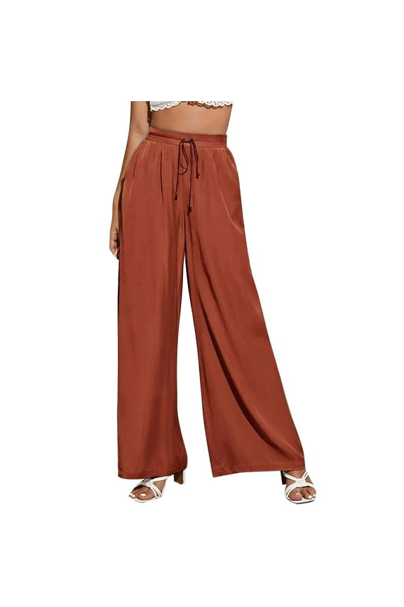 Womens Solid Color Casual Drawstring Loose Elastic Waist Beach Leg Palazzo Pants Trousers With Pockets Fashionable Classic Leisure Bottoms