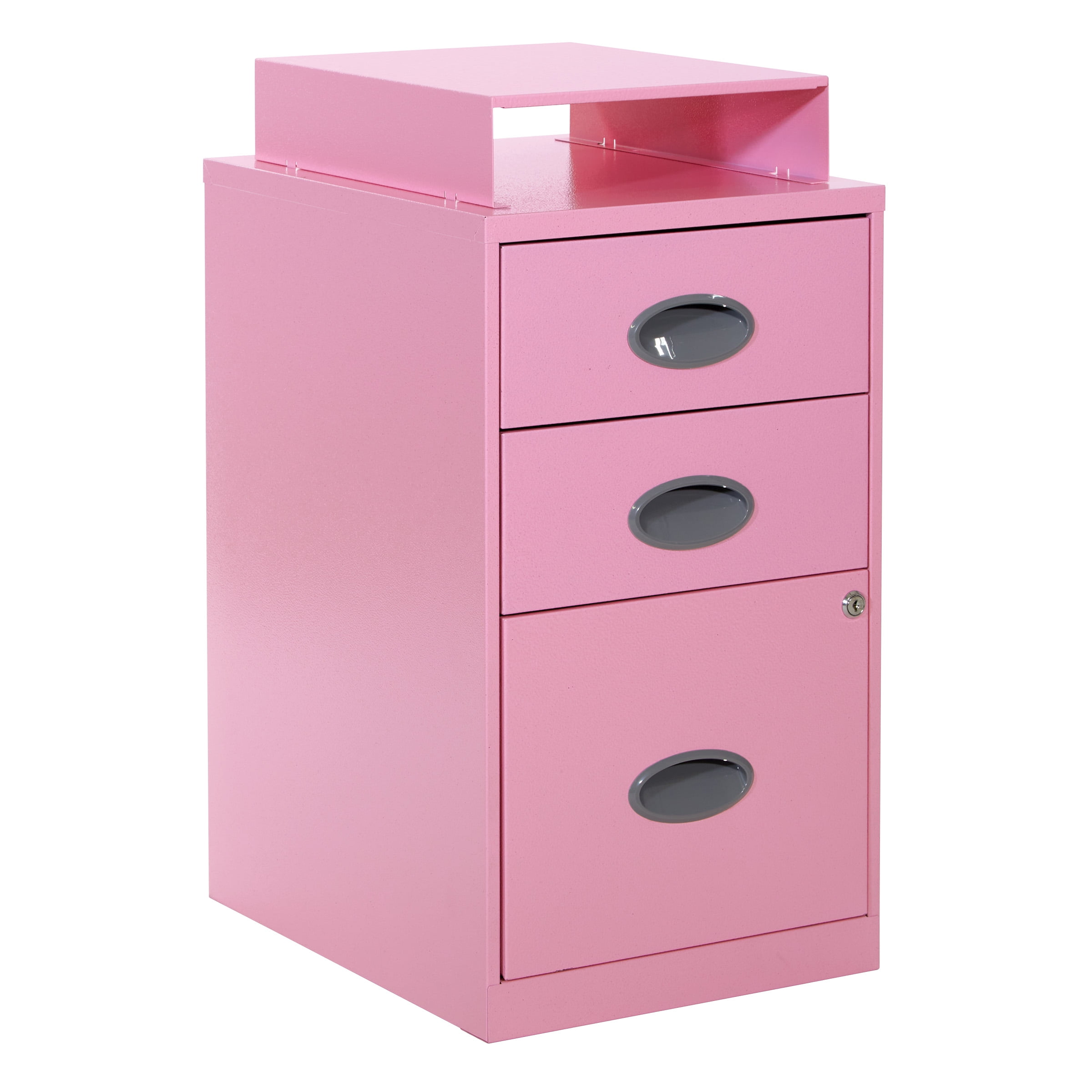 Pink 3-Drawer Lockable Metal File Cabinet with Top Shelf