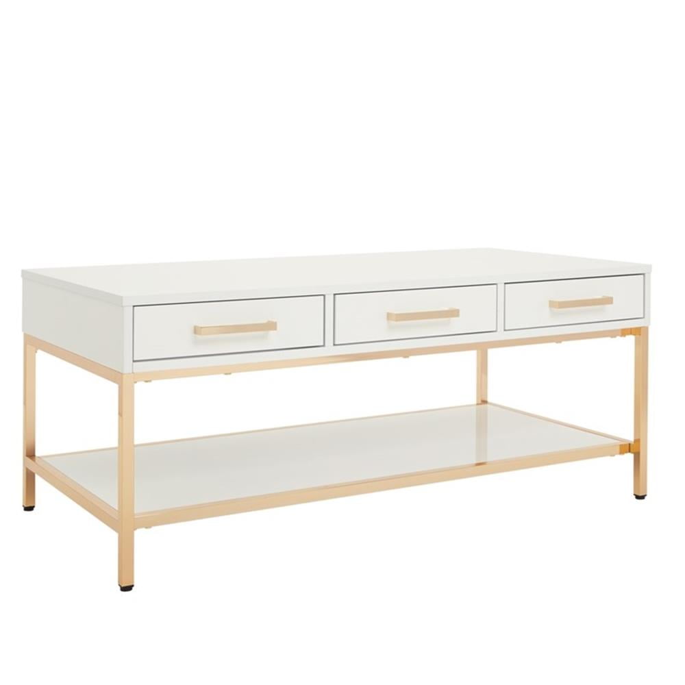 White Gloss and Gold Metal Rectangular Cocktail Table with Storage