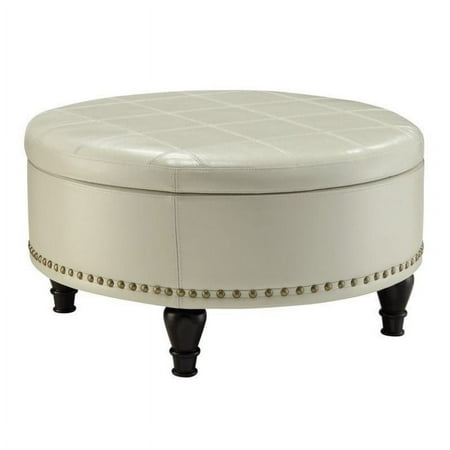 INSPIRED by Bassett - Augusta Round Mid-Century Wood / Bonded Leather Ottoman With Inner Storage - Cream