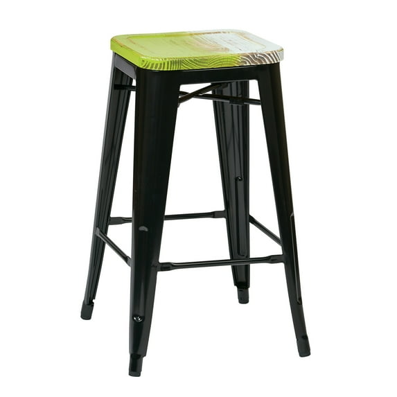 OSP Home Furnishings Bristow 26" Metal Barstool with Vintage Wood Seat, Black Finish Frame & Pine Alice Finish Seat, 2 Pack