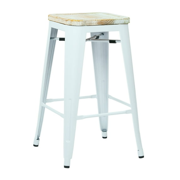 OSP Home Furnishings Bristow 26" Metal Barstool with Vintage Wood Seat, White Finish Frame & Pine Irish Finish Seat, 2 Pack