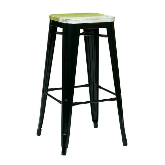 OSP Home Furnishings Bristow 30" Metal Barstool with Vintage Wood Seat, Black Finish Frame & Pine Alice Finish Seat, 2 Pack