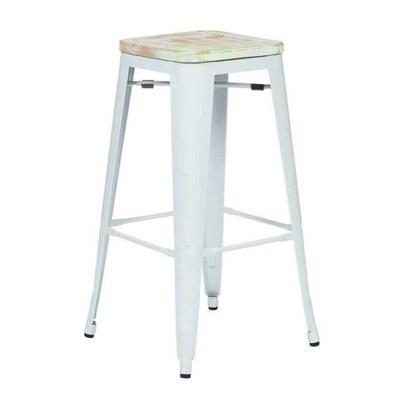 OSP Home Furnishings Bristow 30" Metal Barstool with Vintage Wood Seat, White Finish Frame & Pine Irish Finish Seat, 4 Pack