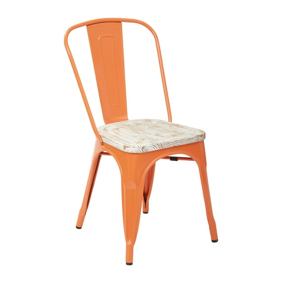 OSP Home Furnishings Bristow Metal Chair with Vintage Wood Seat, Orange Frame & Pine white Finish Seat, 4 Pack