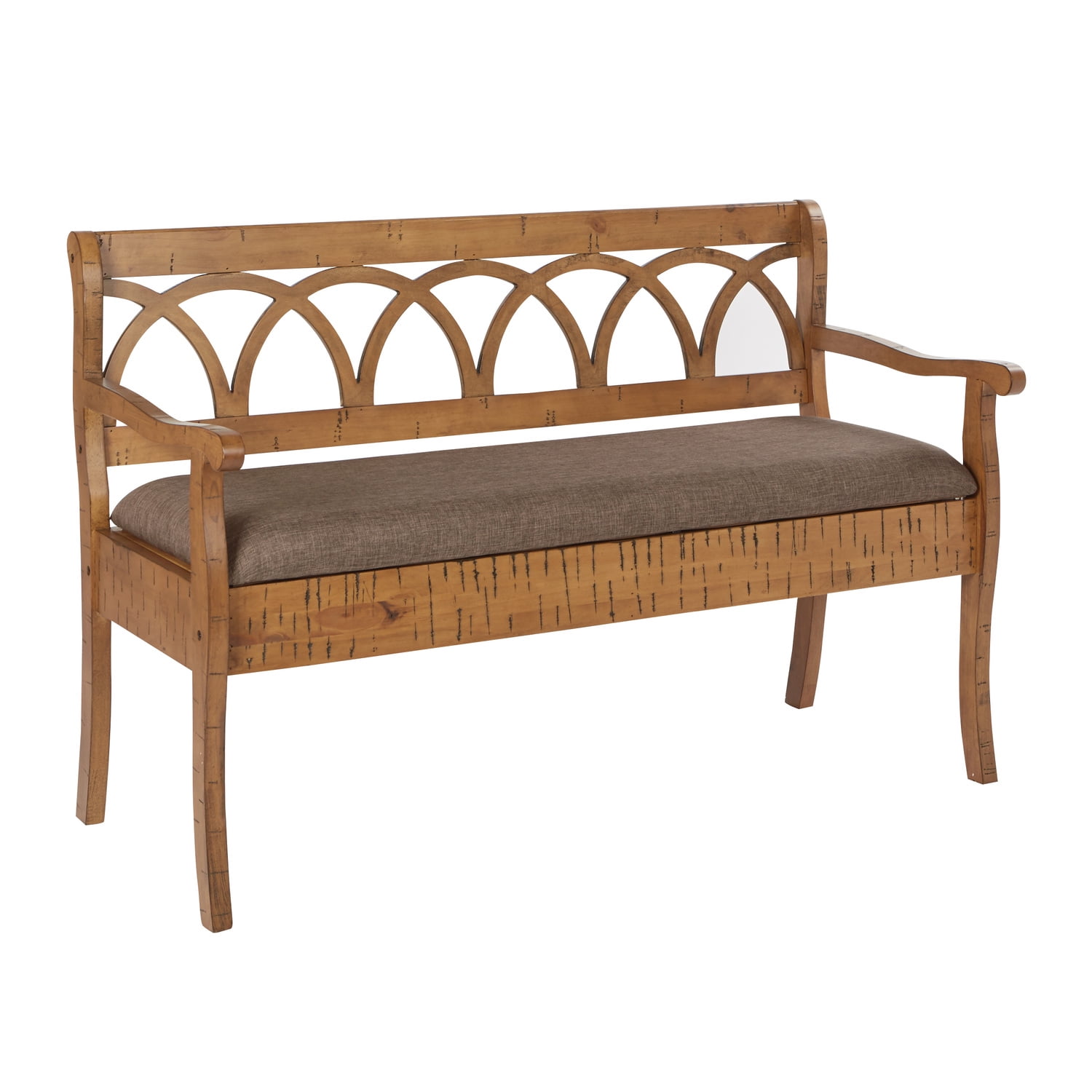 Distressed Toffee Wood Storage Bench with Brown Cushion