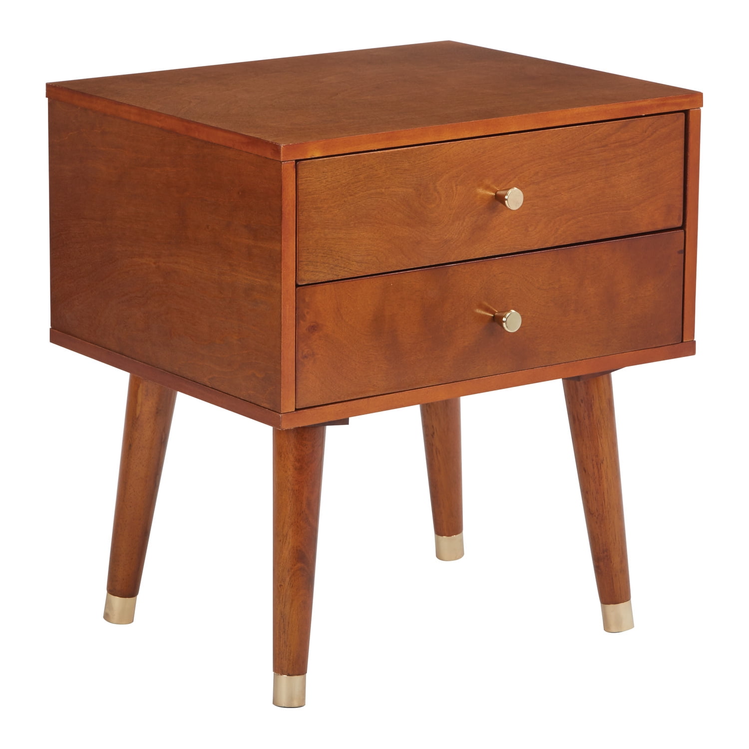 Cupertino Light Walnut Wood and Metal 2-Drawer Side Table