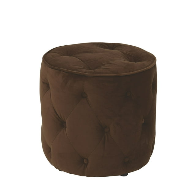OSP Home Furnishings Curves Tufted Round Ottoman in Chocolate Velvet Fabric with Solid Wood Legs