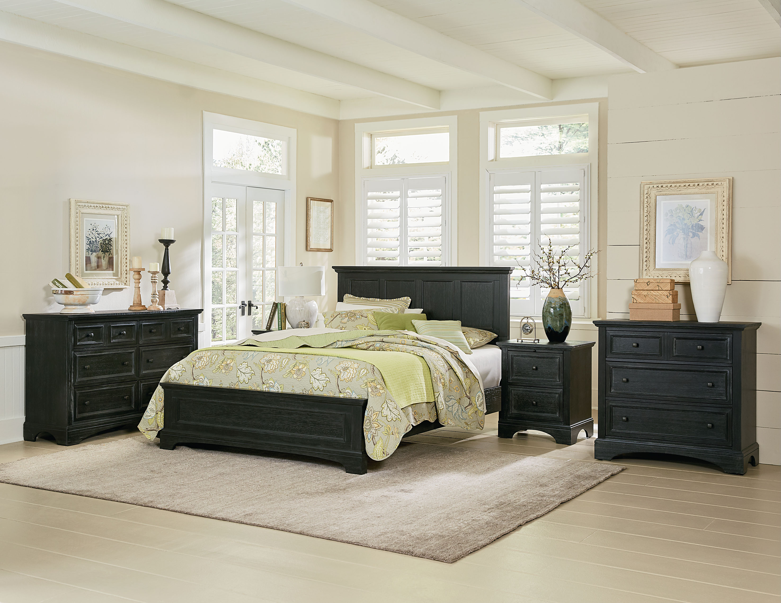 OSP Home Furnishings Farmhouse Basics King Bedroom Set with 2 Nightstands and 1 Dresser in Rustic Black Finish 7/CTN - image 1 of 15