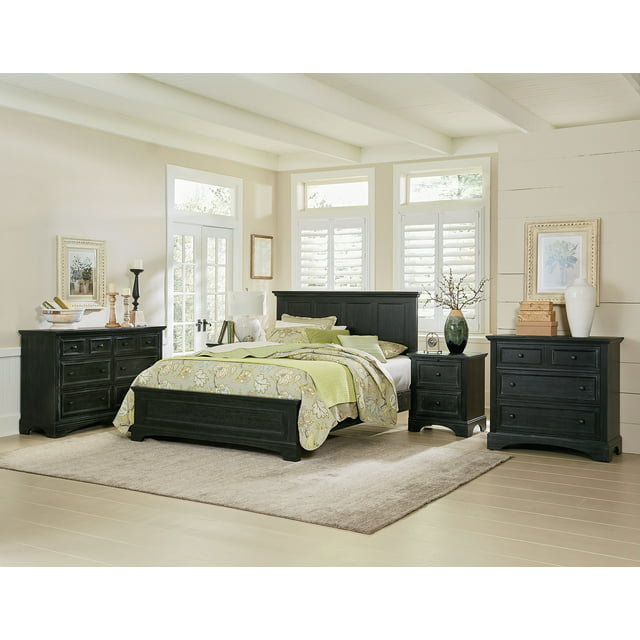 OSP Home Furnishings Farmhouse Basics King Bedroom Set with 2 Nightstands and 1 Dresser in Rustic Black Finish 7/CTN