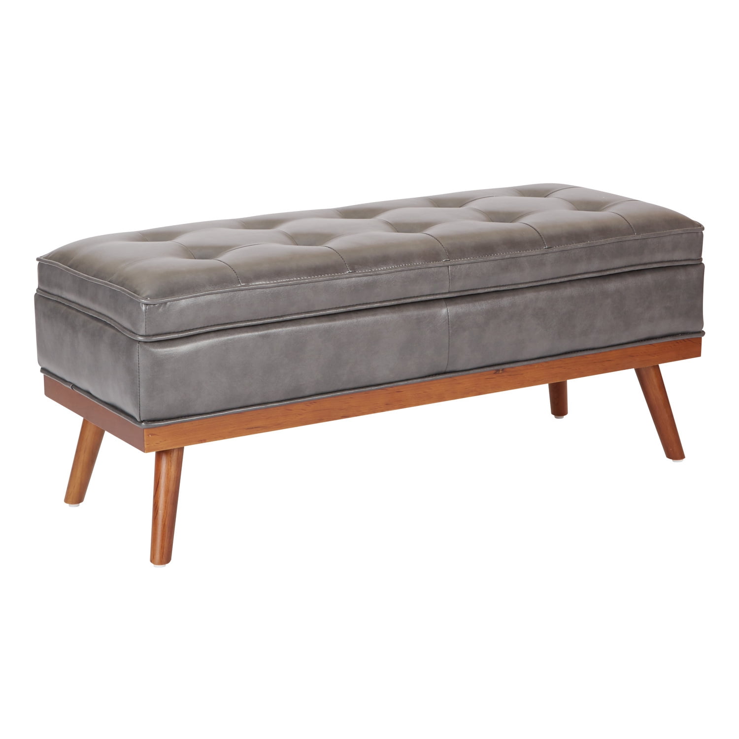 Katheryn Pewter Bonded Leather Storage Bench with Solid Wood Legs