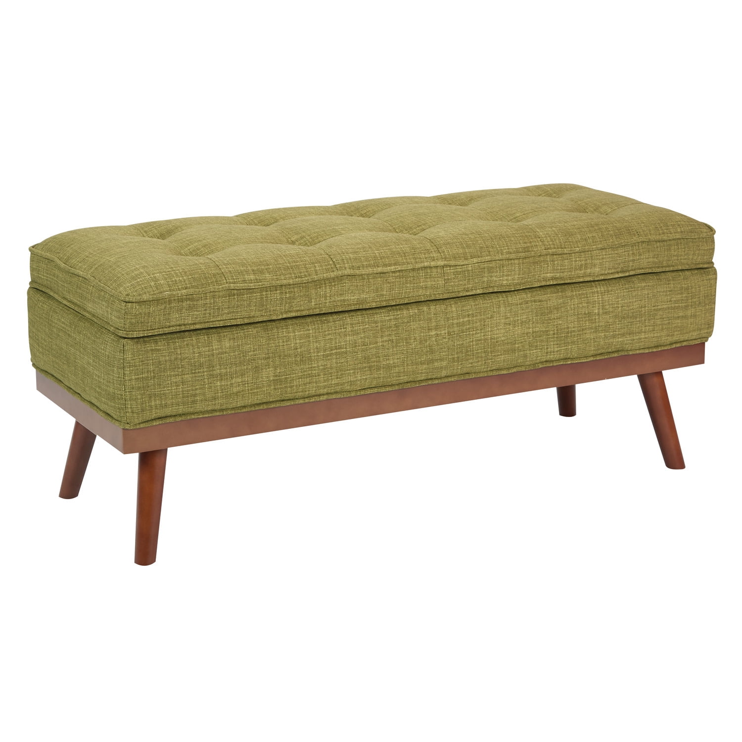 Mid-Century Modern Green Fabric Storage Bench with Wood Legs