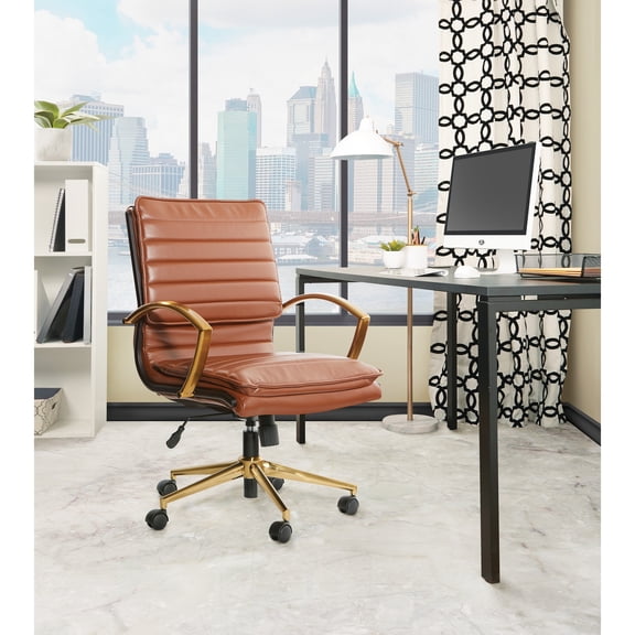 OSP Home Furnishings Mid-Back Faux Leather Chair with Gold Finish in Saddle Faux Leather