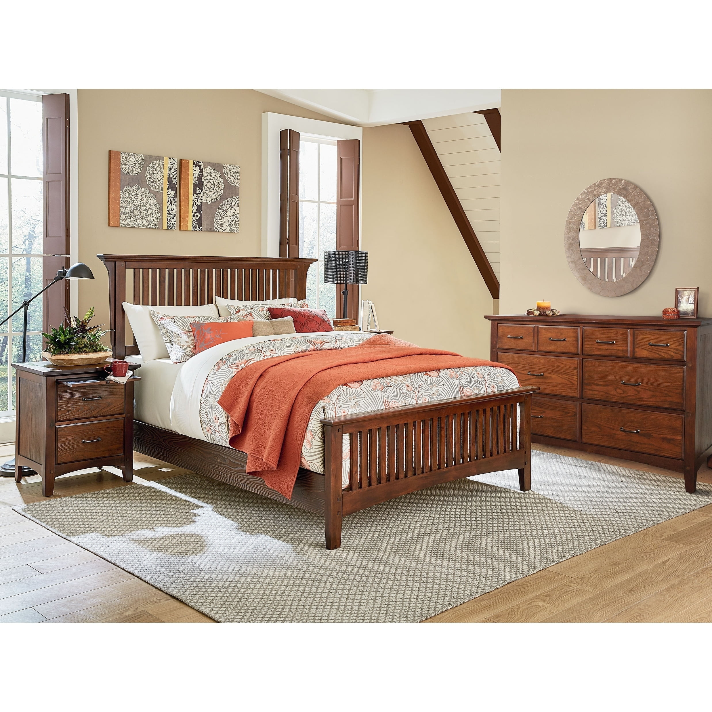 Vintage Oak Queen Bedroom Set with Nightstands and Dresser