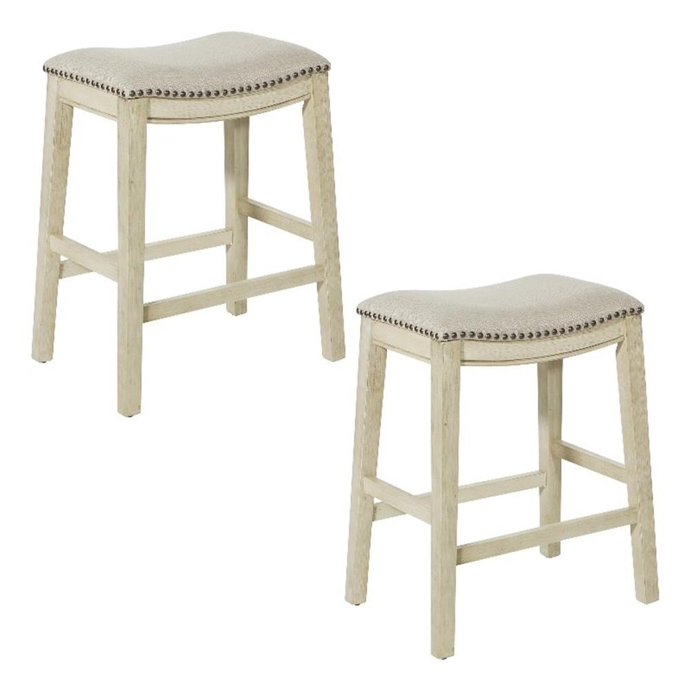 Antique White and Beige Wood Saddle Stool, 24-Inch