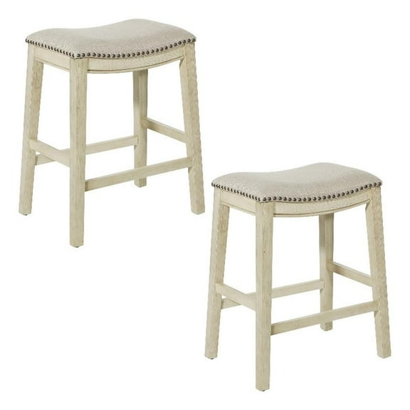 OSP Home Furnishings Saddle Stool 24" in Beige Fabric and Antique White Base and Antique Bronze Nailheads 2-Pack