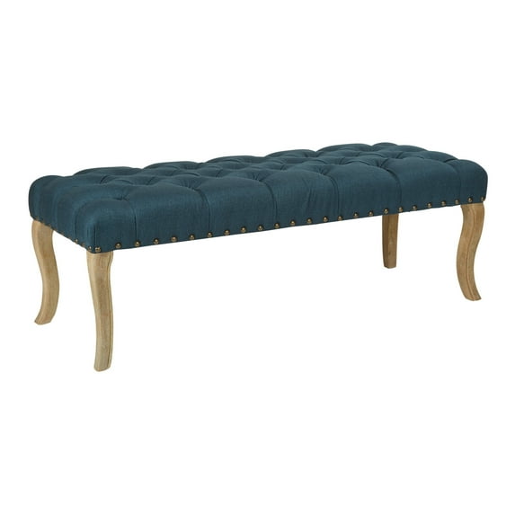 OSP Home Furnishings Scarlet Bench in Klein Azure Fabric with Antique Bronze Nailheads with Brushed Legs