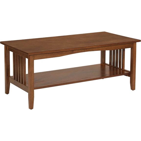 OSP Home Furnishings Sierra Coffee Table with Lower Storage Shelf and Mission Style Side Panels, Brown Ash