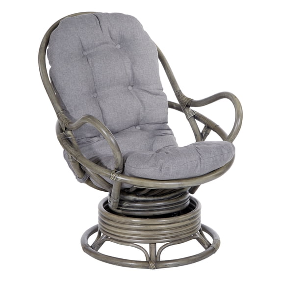 OSP Home Furnishings Tahiti Rattan Swivel Rocker Chair in Grey Fabric with Grey Frame