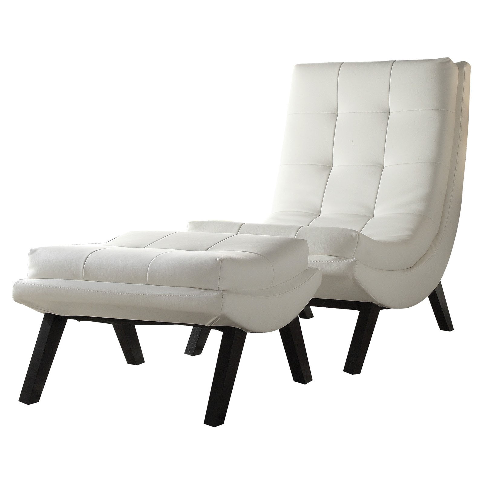 White Faux Leather Lounge Chair and Ottoman with Wood Legs