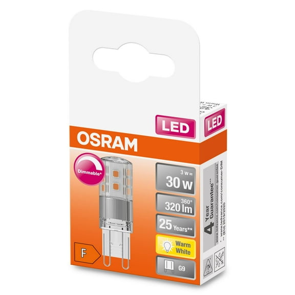 OSRAM Dimmable LED PIN lamp with G9 base, warm white (2700K), 350 lumen, clear glass, single pa