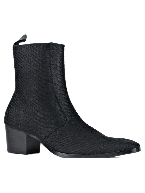 Dress Boots Chelsea Crocodile Print Pony Hair Boots for Men Zipper-up Leather Casual Heel Shoes JY021-A-Black-7 Black