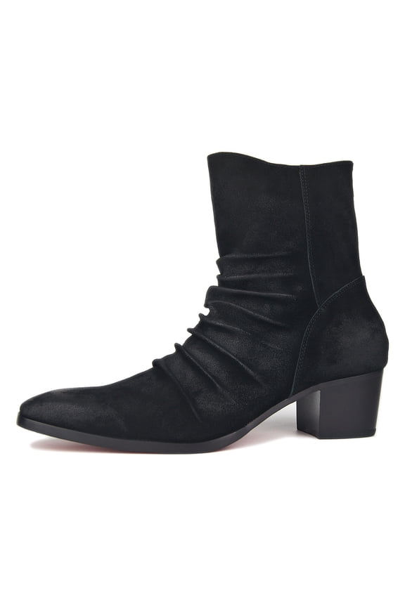 Dress Boots Chelsea Designer Boots for Men Zipper-up Leather Casual Heel Shoes JY002-BlackSuede-Pleated-8 Pleated Suede Black