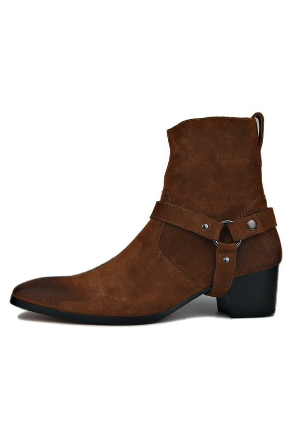 Dress Boots Chelsea Designer Boots for Men Zipper-up Leather Casual Heel Shoes JY002-Brown-Suede-Belt-11 Belt Suede Brown