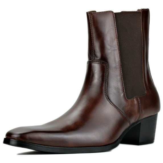 OSSTONE Dress Boots Chelsea Designer Boots for Men slip-on Leather Casual Heel Shoes JY042-Coffee-12 Coffee Brown