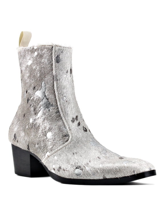 Dress Boots Chelsea Pony Hair Leopard Boots for Men Zipper-up Leather Casual Heel Shoes JY012-B-Silver-11 Silver