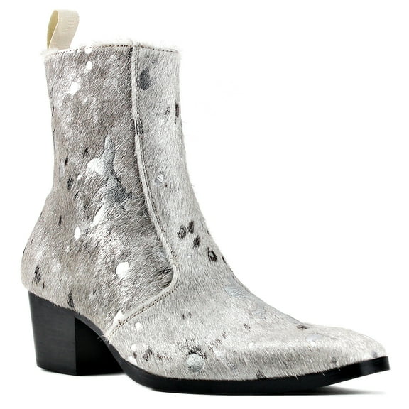 OSSTONE Dress Boots Chelsea Pony Hair Leopard Boots for Men Zipper-up Leather Casual Heel Shoes JY012-B-Silver-13 Silver