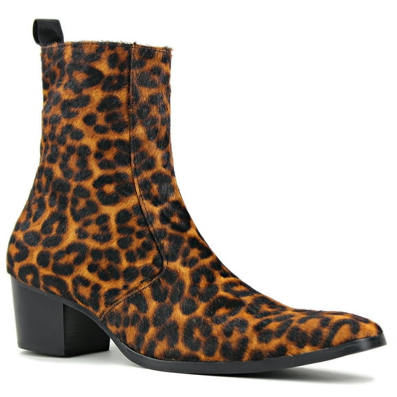 OSSTONE Dress Boots Chelsea Pony Hair Leopard Boots for Men Zipper-up Leather Casual Heel Shoes JY012-Black-7 Black