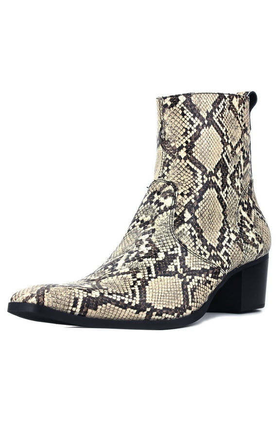 Dress Boots Chelsea Snake Prints Boots for Men Zipper-up Leather Casual Heel Shoes JY019-Beige-9.5 Beige