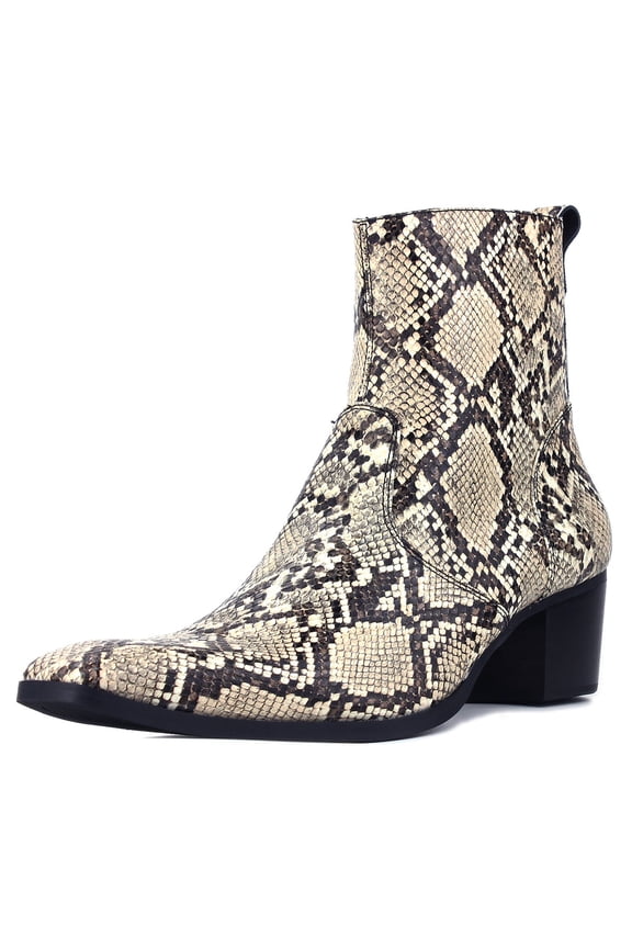 Dress Boots Chelsea Snake Prints Boots for Men Zipper-up Leather Casual Heel Shoes JY019-Beige-9 Beige