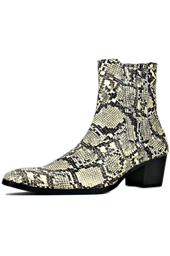 Dress Boots Chelsea Snake Prints Boots for Men slip-on Leather Casual Heel Shoes JY039-Beige-13 Beige