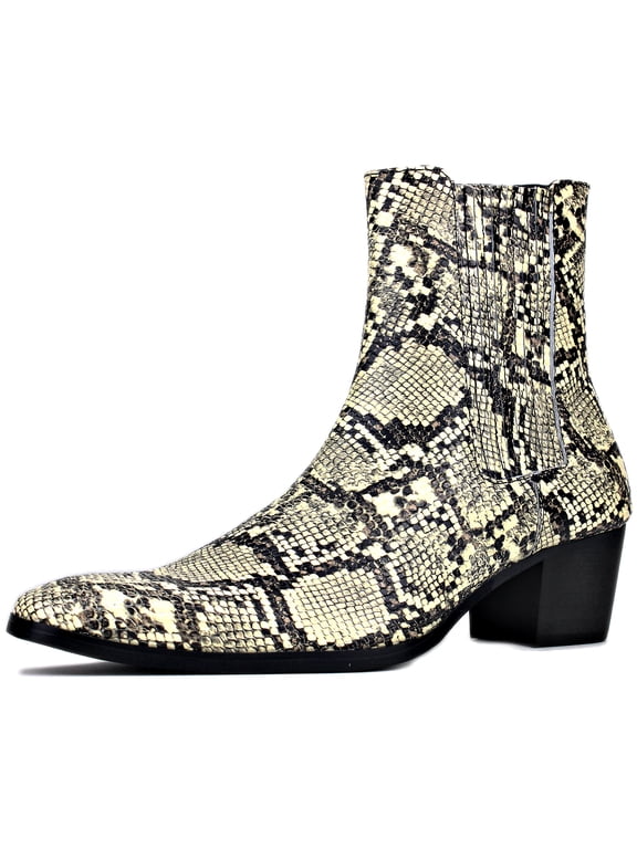 Dress Boots Chelsea Snake Prints Boots for Men slip-on Leather Casual Heel Shoes JY039-Beige-7 Beige