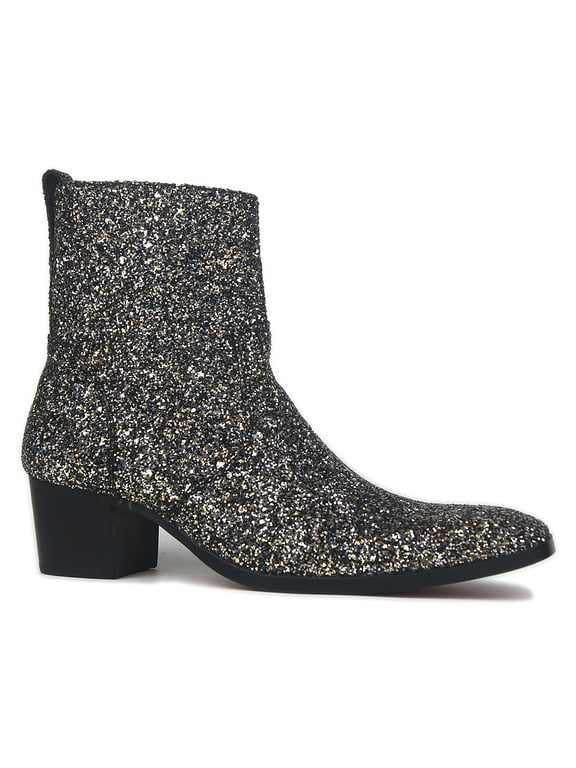 Dress Boots Glitter Chukka Boots for Men Zipper-up Leather Casual Heel Shoes JY009-Glitter-Silver-9 Glitter Silver