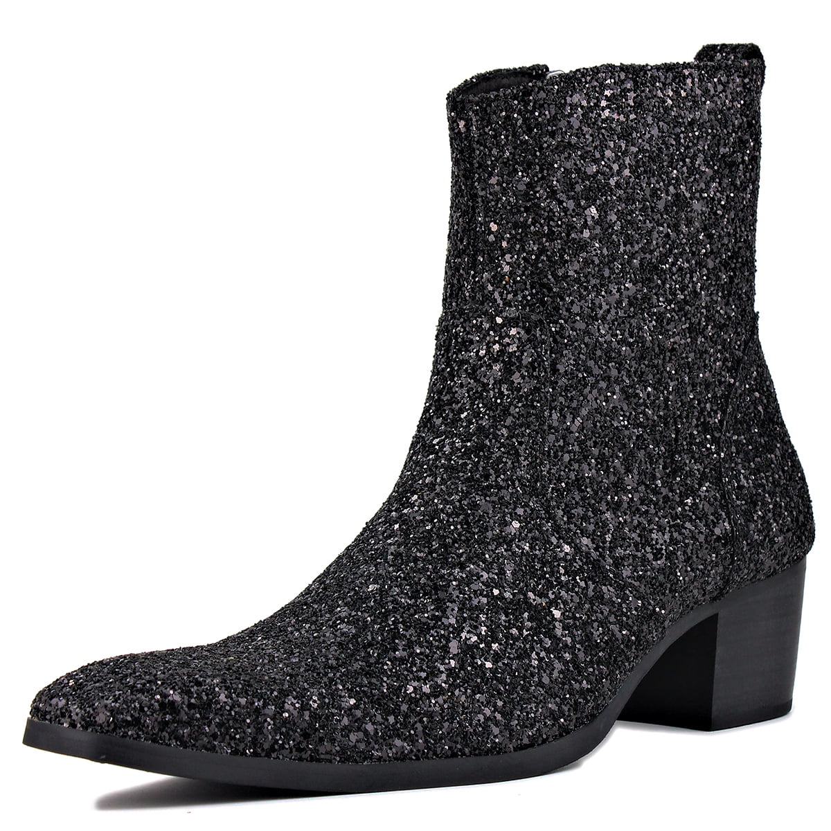 Men's Leather Glitter Chukka Boots - Ankle-High Designer Casual Shoes With Zipper (Black, Size 8)