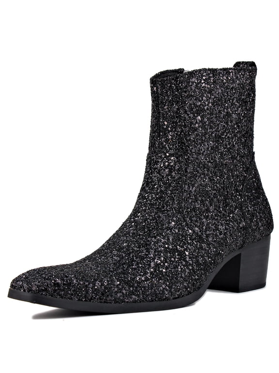 Dress Boots Glitter Chukka Boots for Men Zipper-up Leather Casual Heel Shoes JY022-Glitter-Black-7 Glitter Black